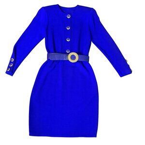 Vintage 80s St. John by Marie Gray Blue Knit Dress Gold Button Belt Size 4